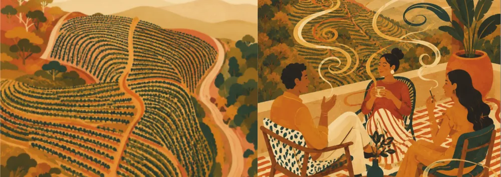 Illustration of a terraced hillside plantation and of three people talking on a terrace amid swirls of smoke