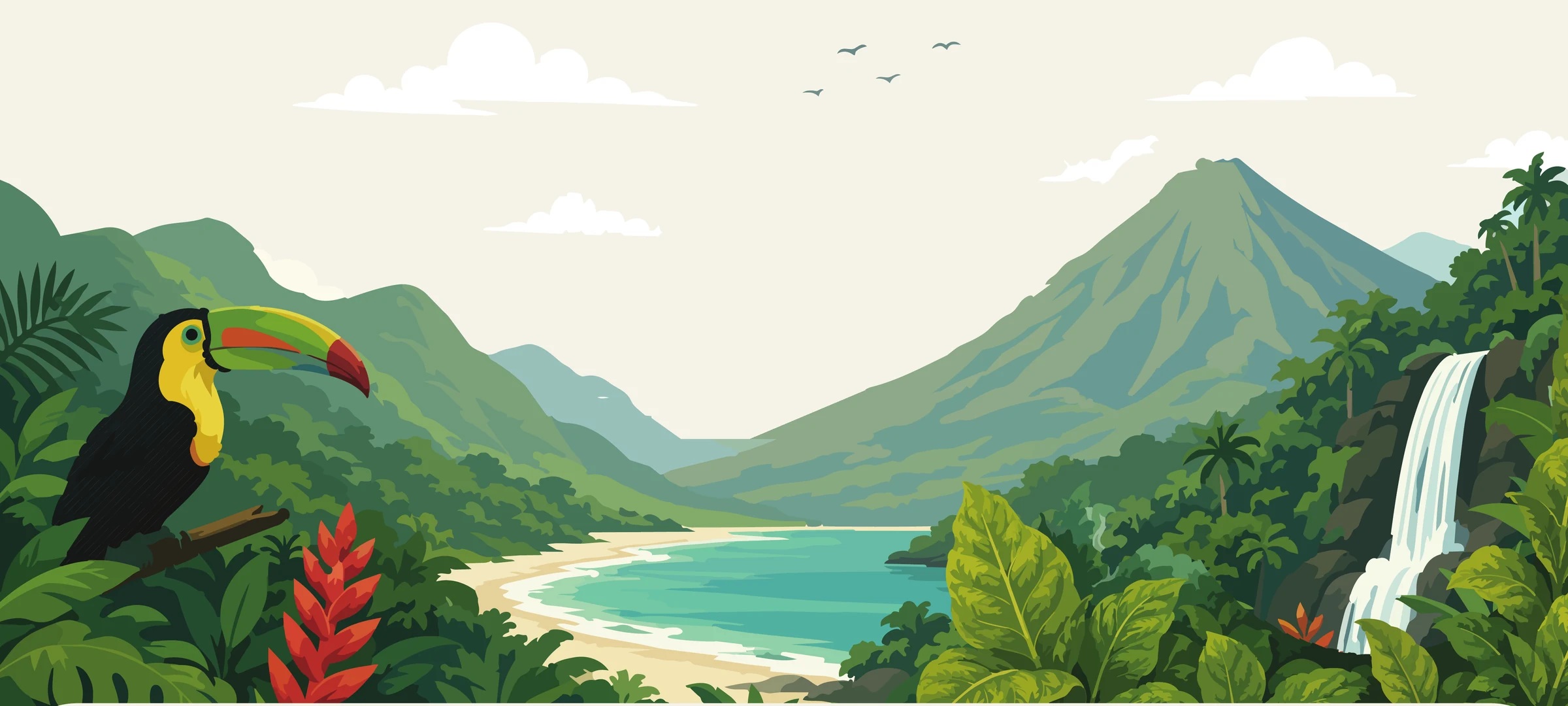 Ilustracion de un paisaje costarricense con un tucan, el volcan Arenal, una cascada y vegetacion tropical