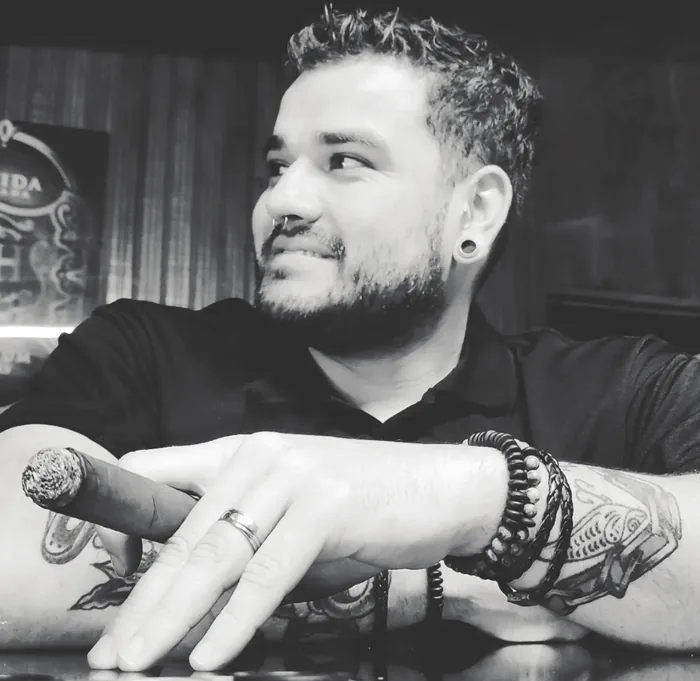 Manuel González, founder of Majaderos Cigars, black and white portrait